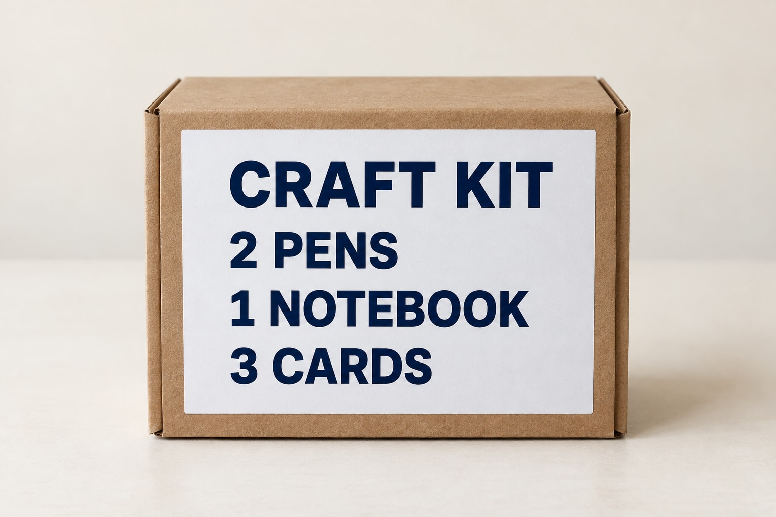 Closed brown box. Its label reads CRAFT KIT, 2 PENS, 1 NOTEBOOK, 3 CARDS.