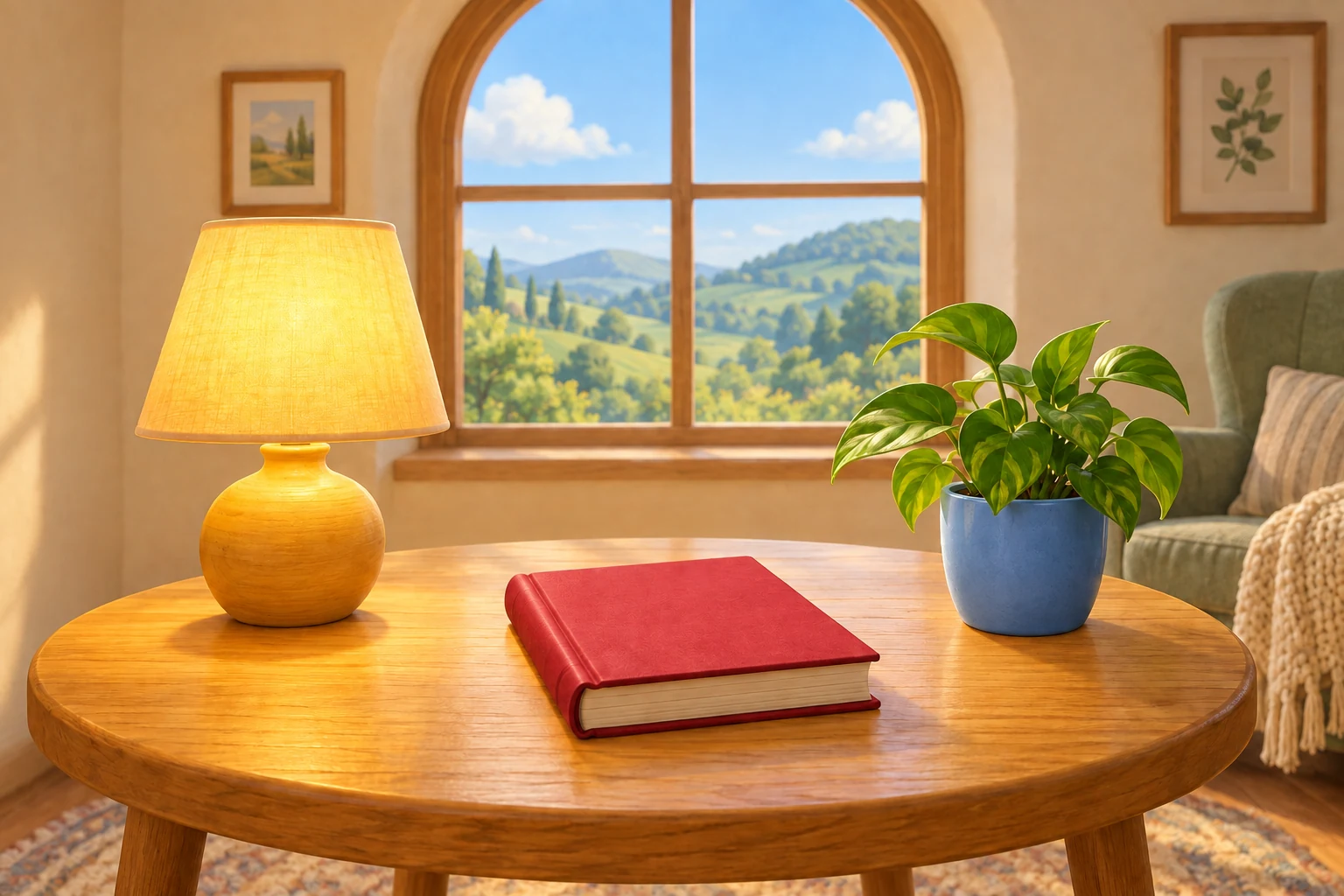 The edited wide reading corner. The closed book is red and the pot is blue. The yellow lamp stays on the left, with the green plant on the right. The round wooden table, arched window, green hills, chair and framed pictures remain. The extra books, shelves and trailing plant at far left are gone. No words or people are shown.