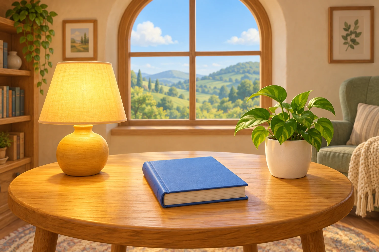 A wide reading corner. A closed blue book sits on a round wooden table. A yellow lamp is on the left. A green plant in a white pot is on the right. An arched window shows green hills. Extra books and a trailing plant fill shelves at far left. A green chair and two framed pictures sit behind the table. No words or people are shown.